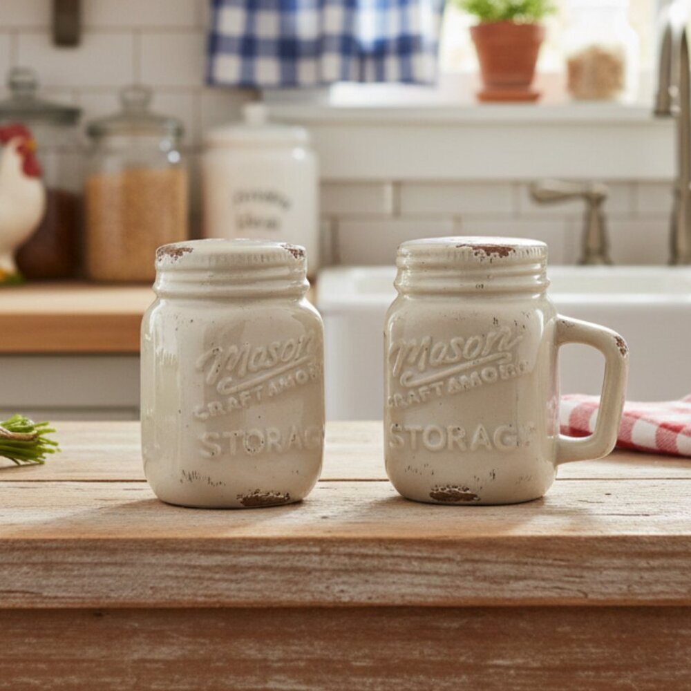 Rustic Farmhouse Distressed Mason Jar Salt & Pepper Shakers Set Beige/Tan New